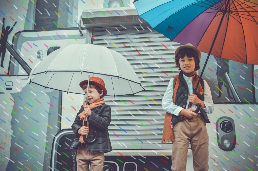 Stylish Kids Enjoying a Rainy Day in Trendy Winter Fashion